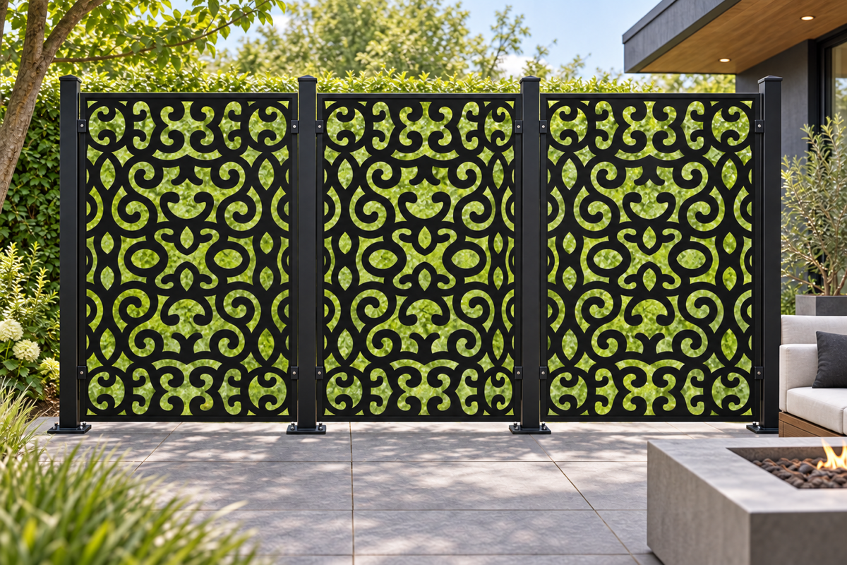 Design 374 Tribal Curl Panel Laser Cut Metal Privacy Screen Panel installed garden daylight view