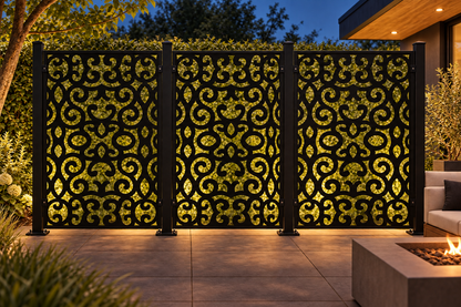 Design 374 Tribal Curl Panel Laser Cut Metal Privacy Screen Panel installed garden night lighting view