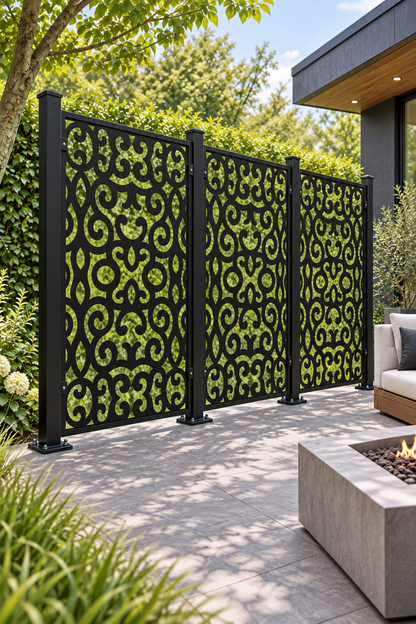 Design 374 Tribal Curl Panel Laser Cut Metal Privacy Screen Panel oblique angle view
