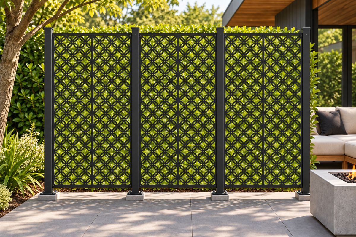 Design 375 Fine Circle Trellis Laser Cut Metal Privacy Screen Panel installed garden daylight view