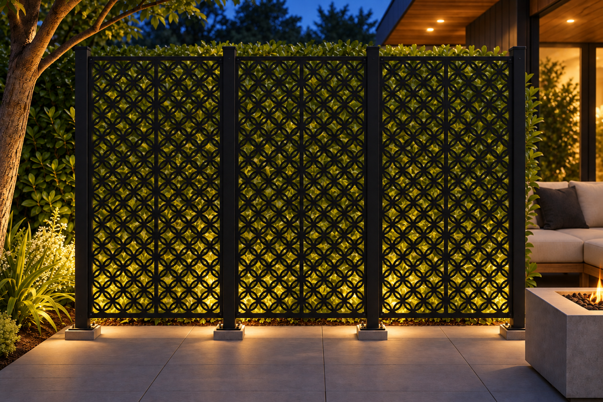 Design 375 Fine Circle Trellis Laser Cut Metal Privacy Screen Panel installed garden night lighting view