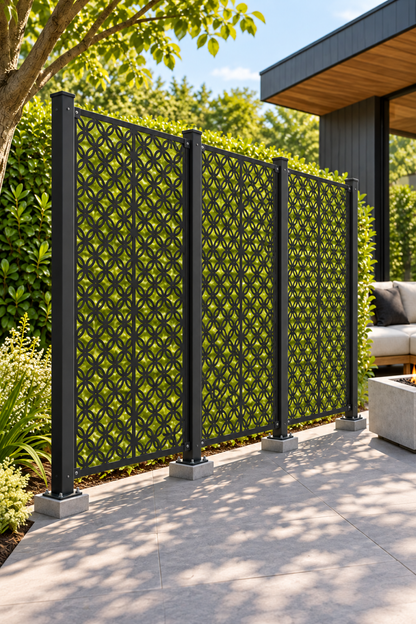 Design 375 Fine Circle Trellis Laser Cut Metal Privacy Screen Panel oblique angle view