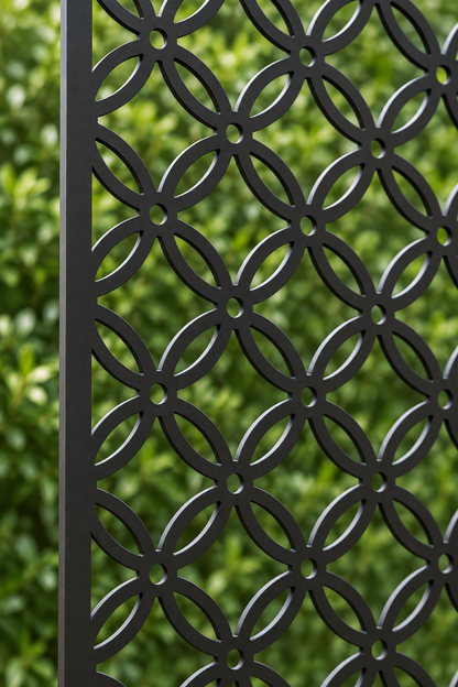 Design 375 Fine Circle Trellis Laser Cut Metal Privacy Screen Panel close-up detail view