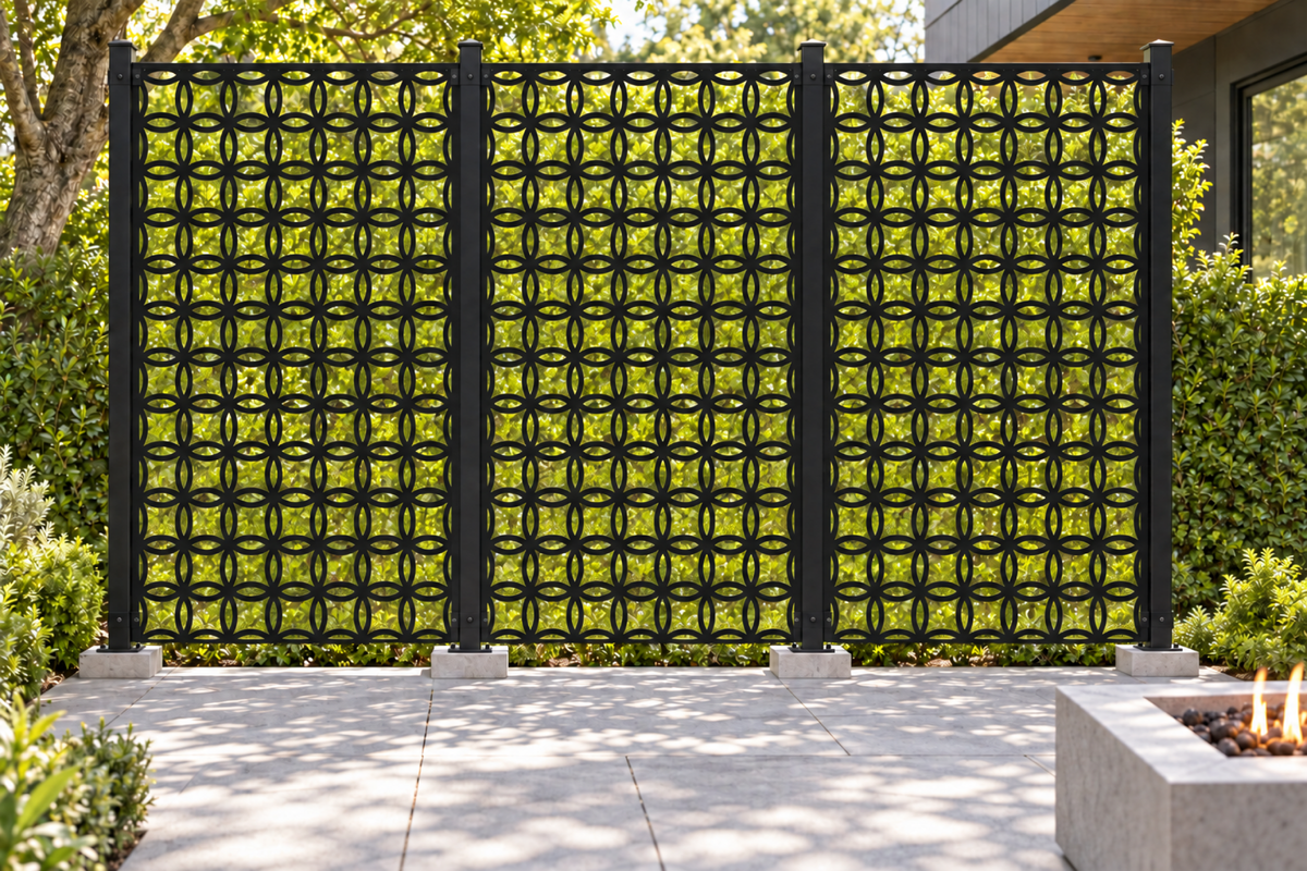 Design 376 Petal Link Grid Laser Cut Metal Privacy Screen Panel installed garden daylight view