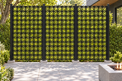 Design 376 Petal Link Grid Laser Cut Metal Privacy Screen Panel installed garden daylight view