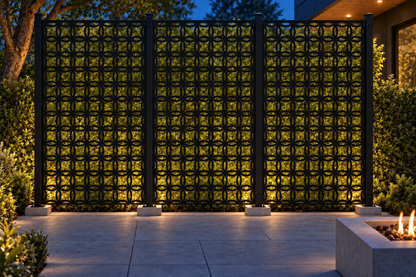Design 376 Petal Link Grid Laser Cut Metal Privacy Screen Panel installed garden night lighting view