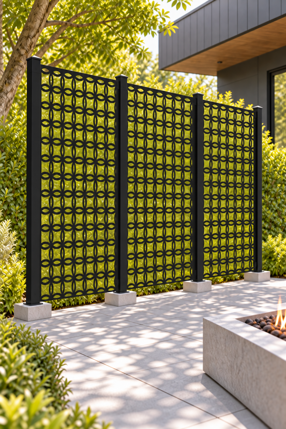 Design 376 Petal Link Grid Laser Cut Metal Privacy Screen Panel oblique angle view