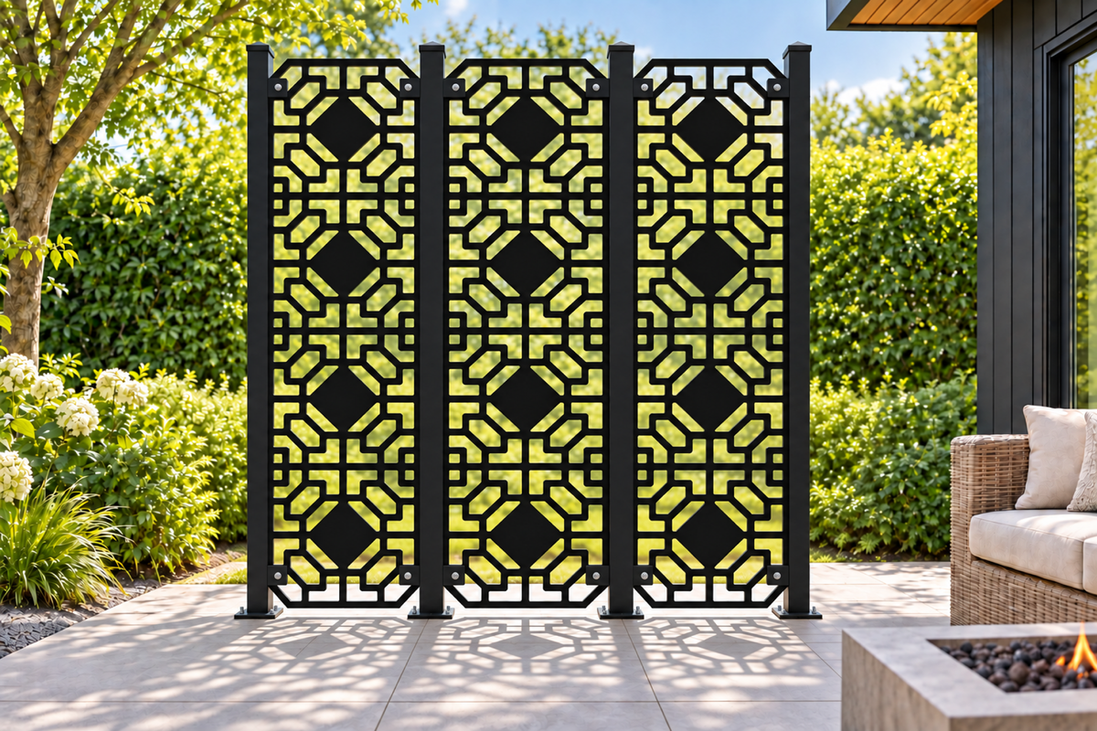 Design 377 Octagon Link Column Laser Cut Metal Privacy Screen Panel installed garden daylight view