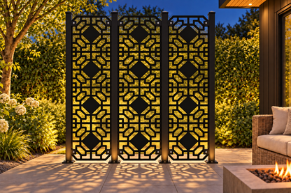 Design 377 Octagon Link Column Laser Cut Metal Privacy Screen Panel installed garden night lighting view