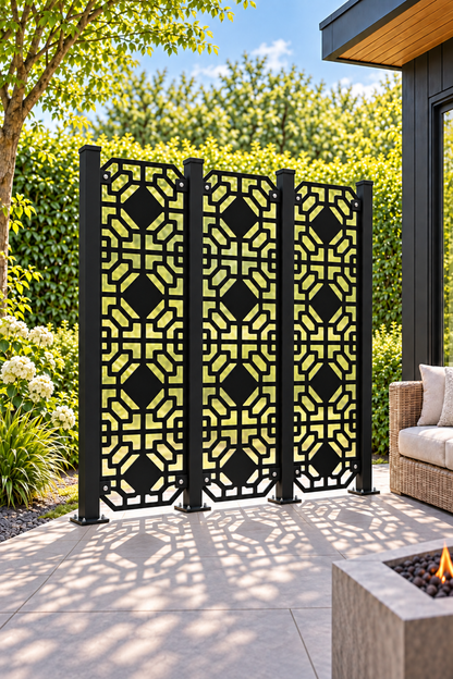 Design 377 Octagon Link Column Laser Cut Metal Privacy Screen Panel oblique angle view