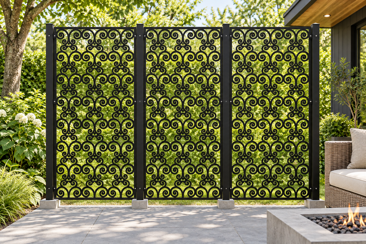 Design 378 Fine Spiral Repeat Laser Cut Metal Privacy Screen Panel installed garden daylight view