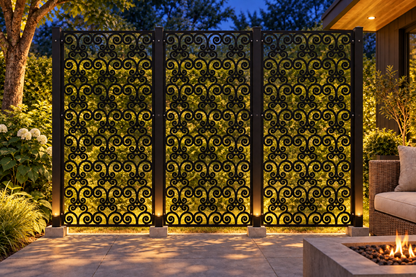 Design 378 Fine Spiral Repeat Laser Cut Metal Privacy Screen Panel installed garden night lighting view