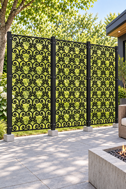 Design 378 Fine Spiral Repeat Laser Cut Metal Privacy Screen Panel oblique angle view
