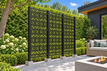 Design 379 Central Cloud Medallion Laser Cut Metal Privacy Screen Panel installed garden daylight view