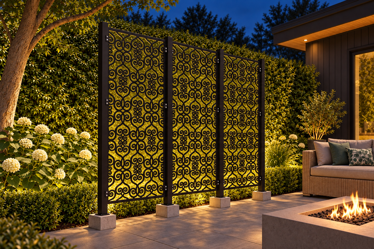 Design 379 Central Cloud Medallion Laser Cut Metal Privacy Screen Panel installed garden night lighting view