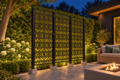 Design 379 Central Cloud Medallion Laser Cut Metal Privacy Screen Panel installed garden night lighting view