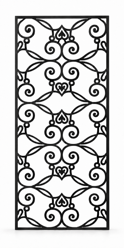 Design 380 Heart Scroll Trellis Laser Cut Metal Privacy Screen Panel front main view