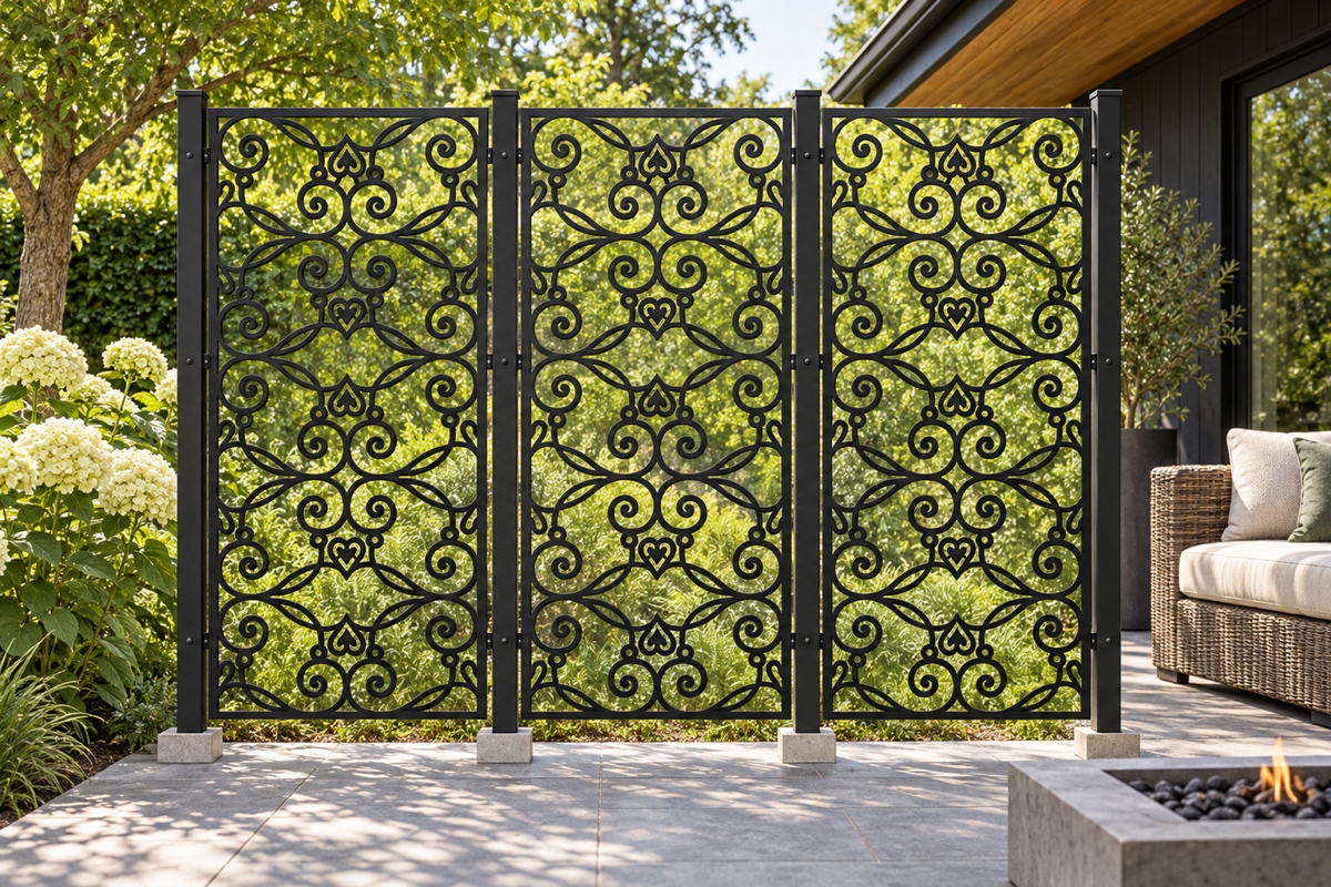 Design 380 Heart Scroll Trellis Laser Cut Metal Privacy Screen Panel installed garden daylight view