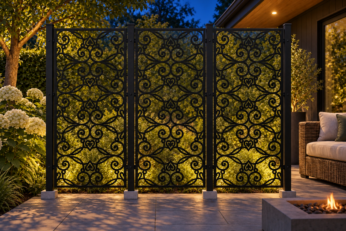 Design 380 Heart Scroll Trellis Laser Cut Metal Privacy Screen Panel installed garden night lighting view
