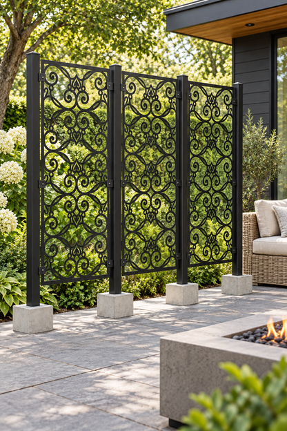 Design 380 Heart Scroll Trellis Laser Cut Metal Privacy Screen Panel oblique angle view