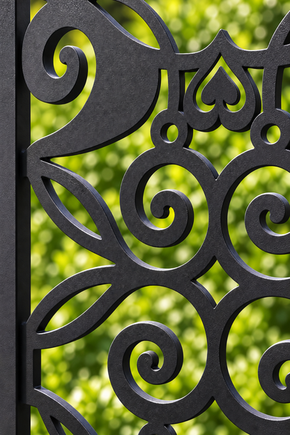 Design 380 Heart Scroll Trellis Laser Cut Metal Privacy Screen Panel close-up detail view