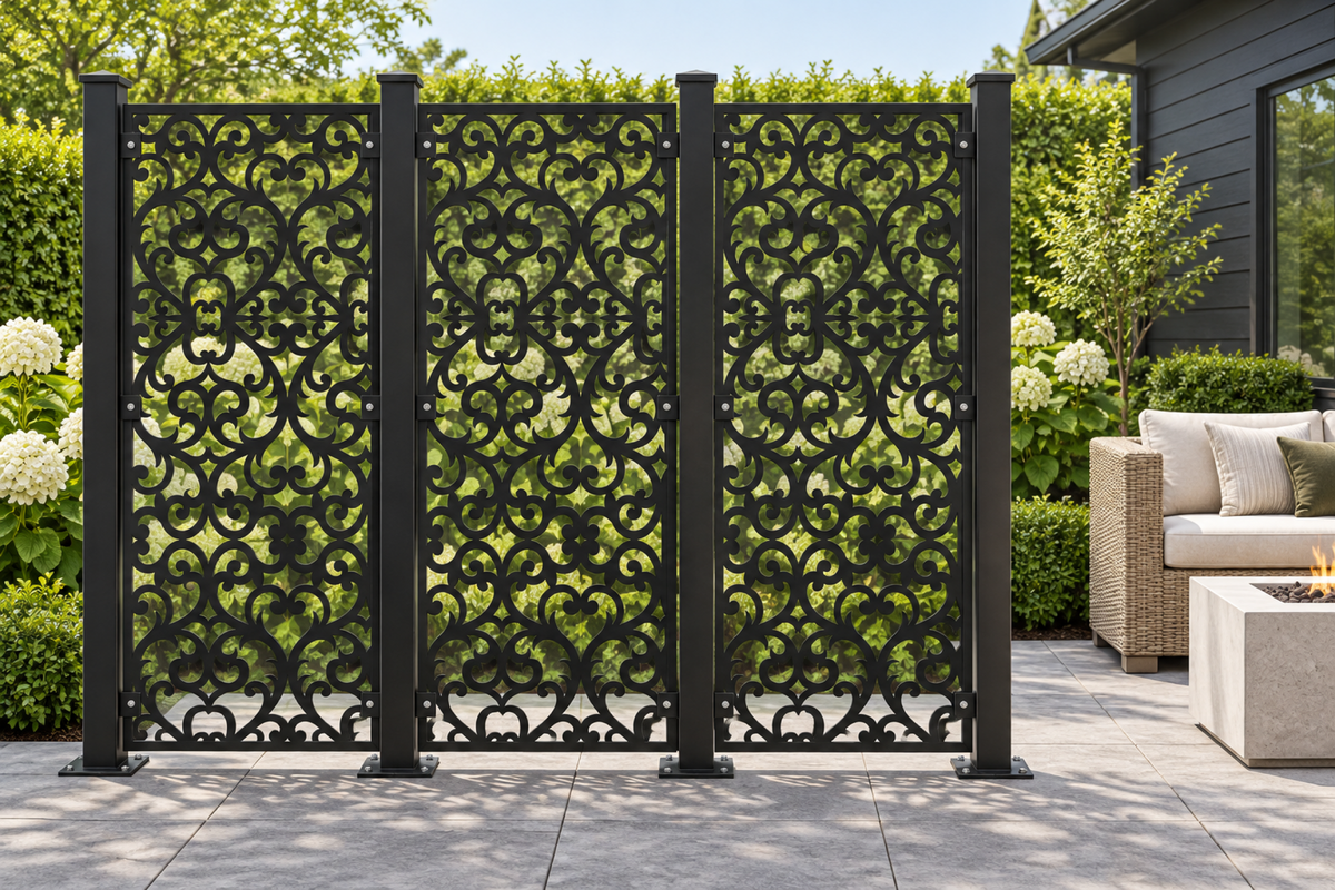 Design 381 Ornate Floral Damask Laser Cut Metal Privacy Screen Panel installed garden daylight view