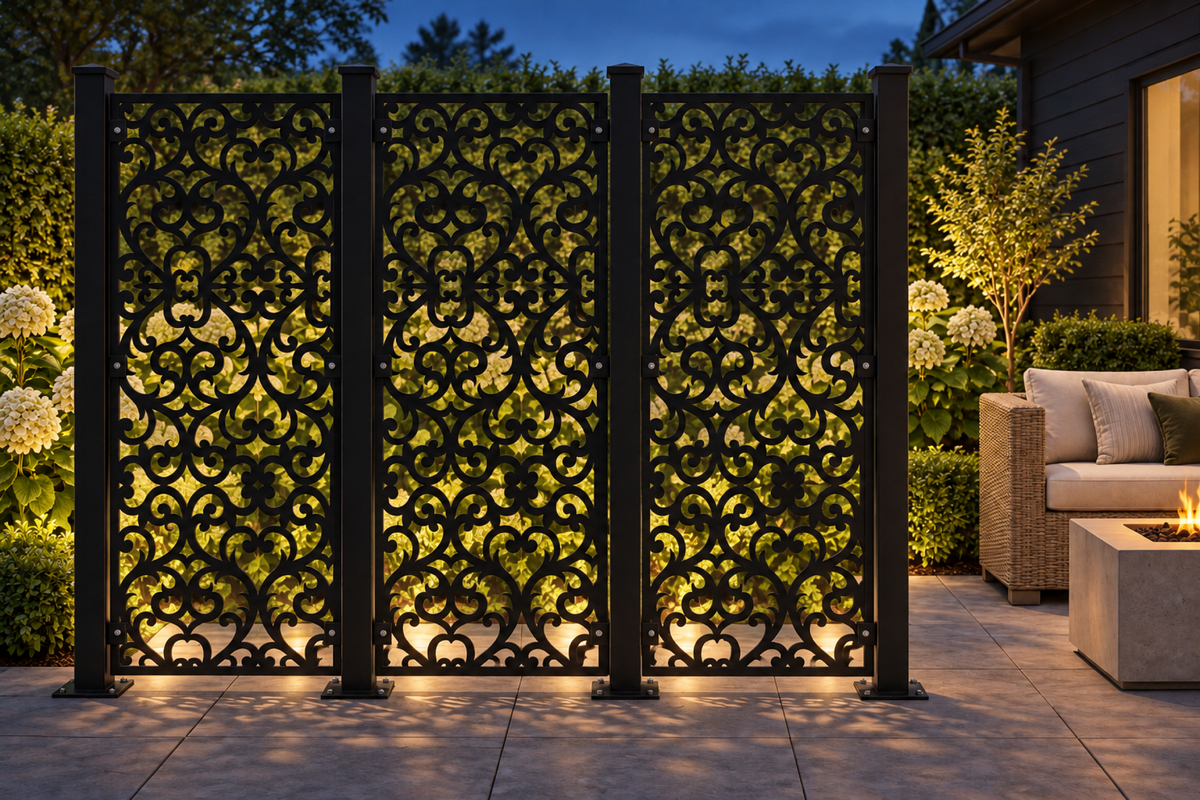 Design 381 Ornate Floral Damask Laser Cut Metal Privacy Screen Panel installed garden night lighting view