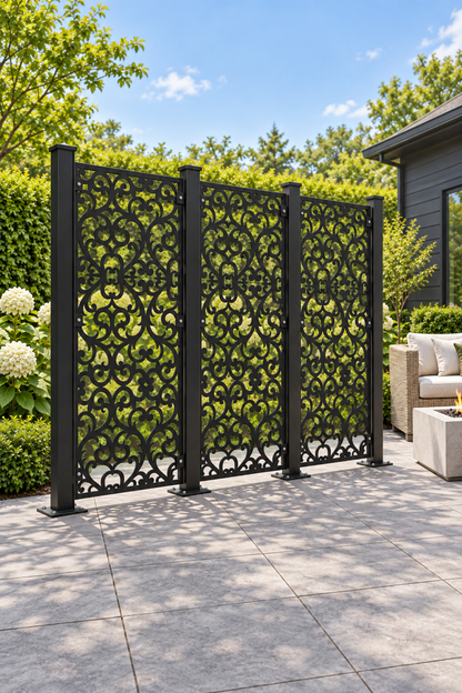 Design 381 Ornate Floral Damask Laser Cut Metal Privacy Screen Panel oblique angle view