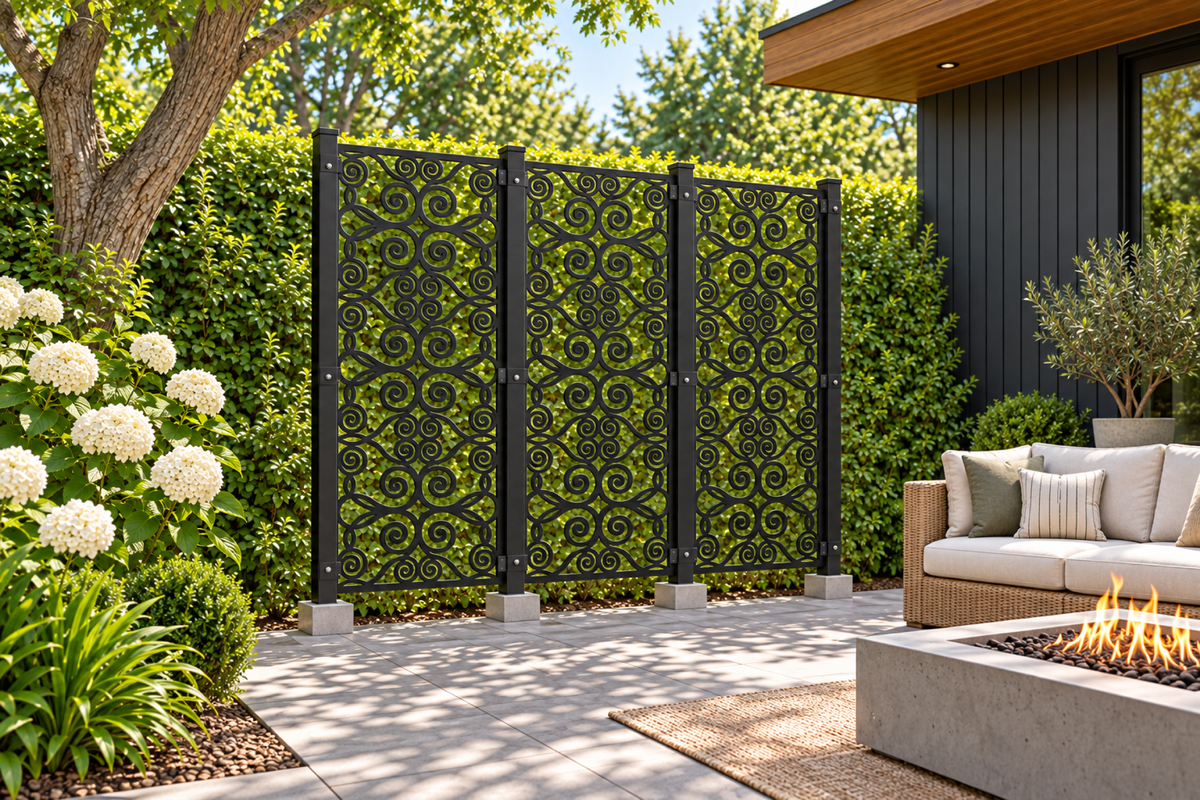 Design 382 Oval Cloud Chain Laser Cut Metal Privacy Screen Panel installed garden daylight view
