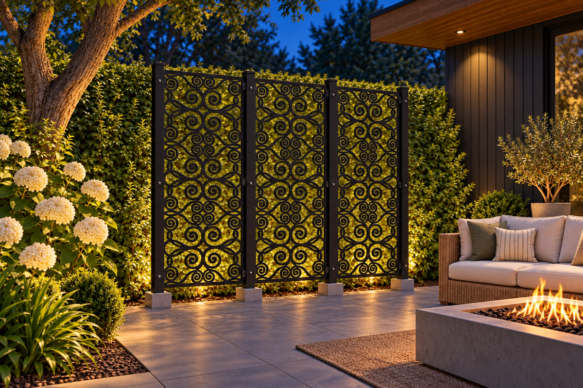 Design 382 Oval Cloud Chain Laser Cut Metal Privacy Screen Panel installed garden night lighting view