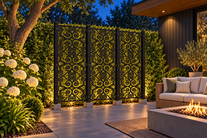 Design 382 Oval Cloud Chain Laser Cut Metal Privacy Screen Panel installed garden night lighting view