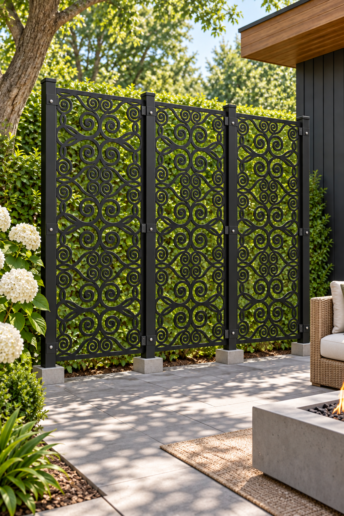 Design 382 Oval Cloud Chain Laser Cut Metal Privacy Screen Panel oblique angle view
