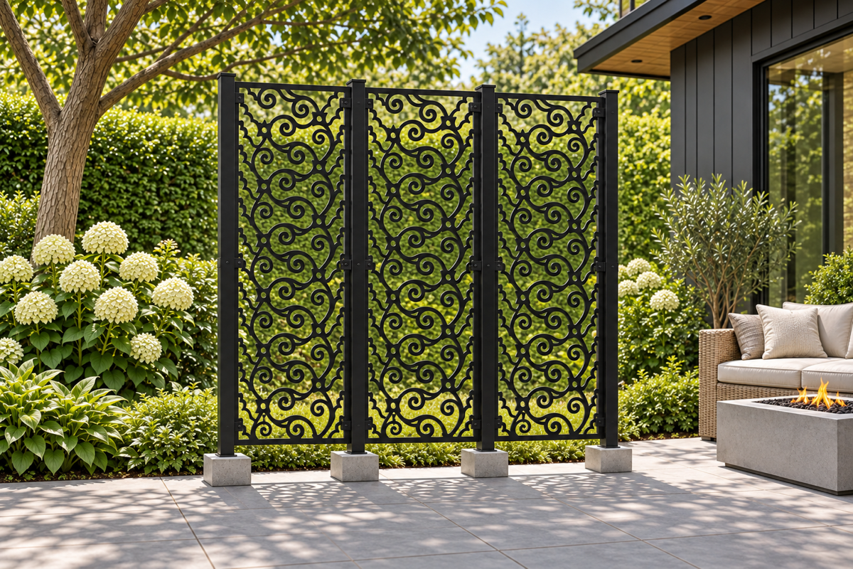 Design 383 Scalloped Cloud Vine Laser Cut Metal Privacy Screen Panel installed garden daylight view