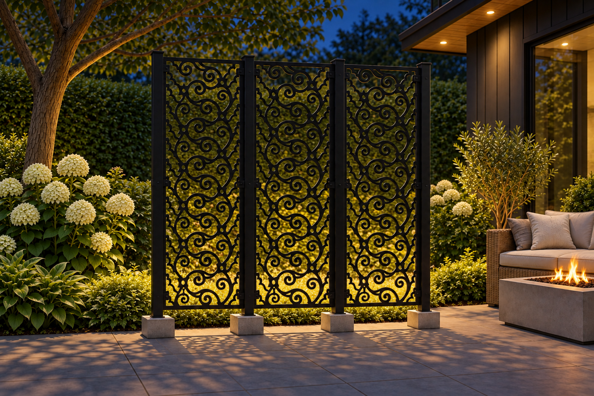 Design 383 Scalloped Cloud Vine Laser Cut Metal Privacy Screen Panel installed garden night lighting view