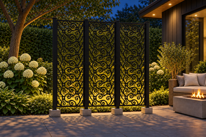 Design 383 Scalloped Cloud Vine Laser Cut Metal Privacy Screen Panel installed garden night lighting view