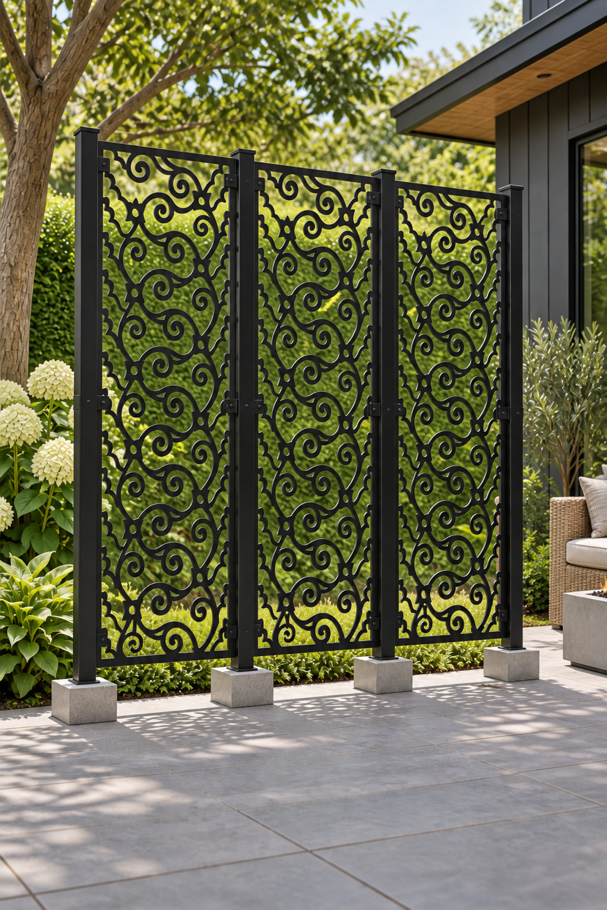 Design 383 Scalloped Cloud Vine Laser Cut Metal Privacy Screen Panel oblique angle view