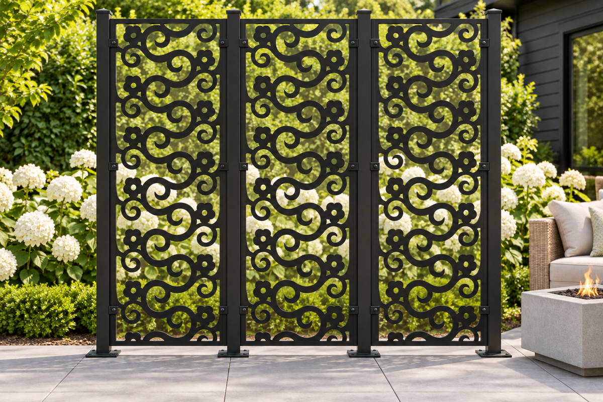 Design 384 Bold Hook Scroll Laser Cut Metal Privacy Screen Panel installed garden daylight view