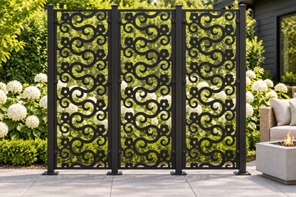 Design 384 Bold Hook Scroll Laser Cut Metal Privacy Screen Panel installed garden daylight view