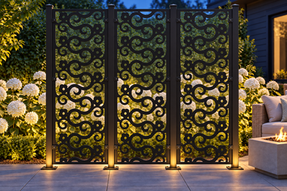 Design 384 Bold Hook Scroll Laser Cut Metal Privacy Screen Panel installed garden night lighting view
