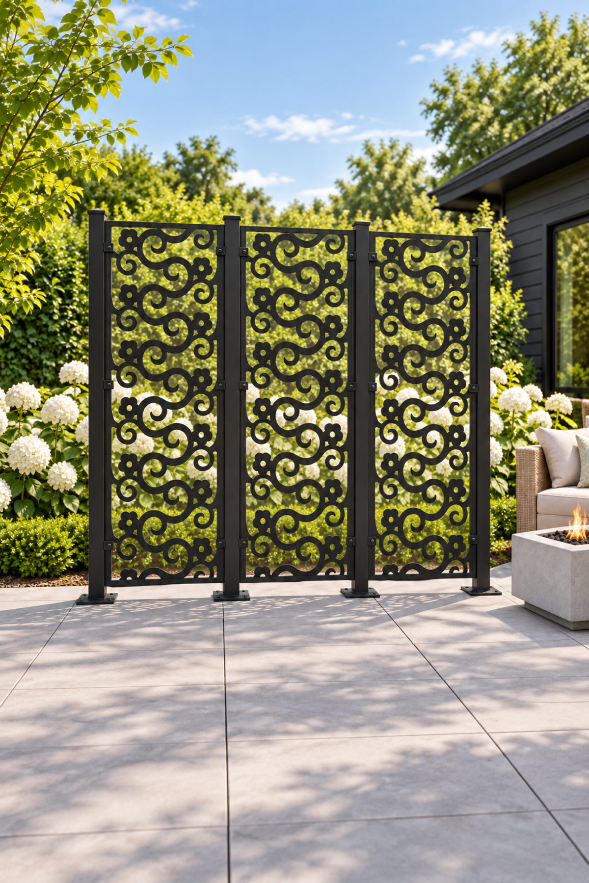 Design 384 Bold Hook Scroll Laser Cut Metal Privacy Screen Panel oblique angle view