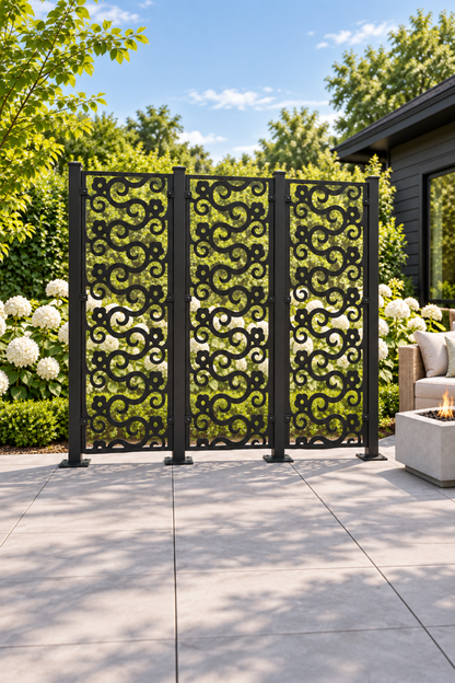 Design 384 Bold Hook Scroll Laser Cut Metal Privacy Screen Panel oblique angle view