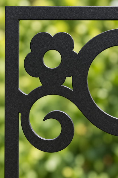 Design 384 Bold Hook Scroll Laser Cut Metal Privacy Screen Panel close-up detail view
