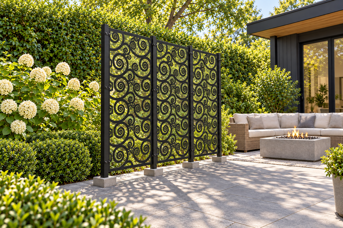 Design 385 Spiral Vine Mosaic Laser Cut Metal Privacy Screen Panel installed garden daylight view