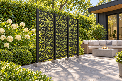 Design 385 Spiral Vine Mosaic Laser Cut Metal Privacy Screen Panel installed garden daylight view