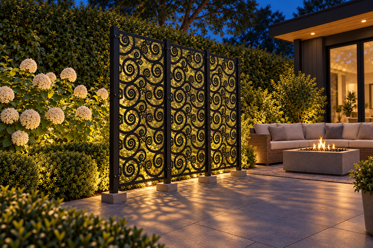 Design 385 Spiral Vine Mosaic Laser Cut Metal Privacy Screen Panel installed garden night lighting view