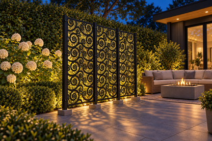 Design 385 Spiral Vine Mosaic Laser Cut Metal Privacy Screen Panel installed garden night lighting view