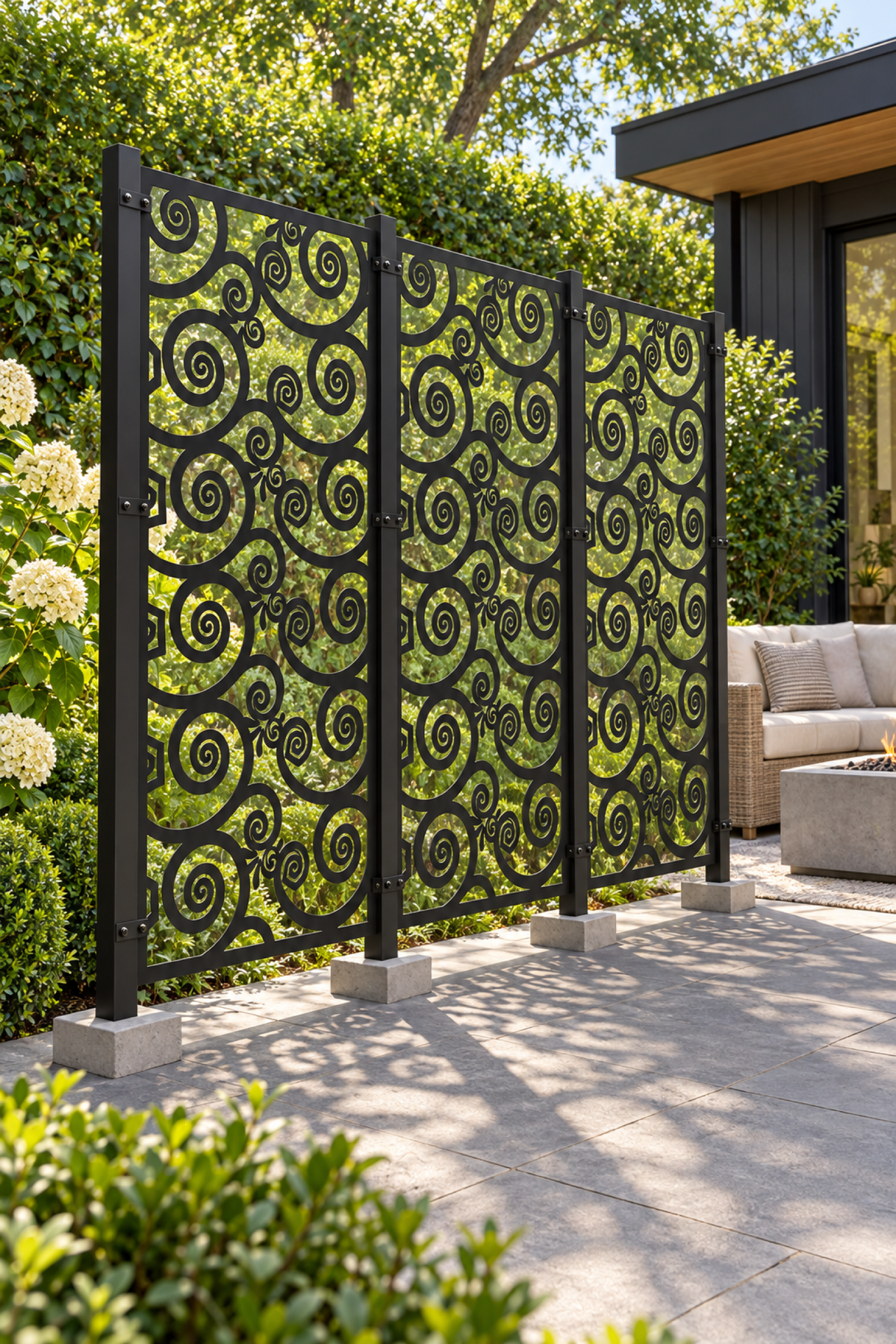 Design 385 Spiral Vine Mosaic Laser Cut Metal Privacy Screen Panel oblique angle view