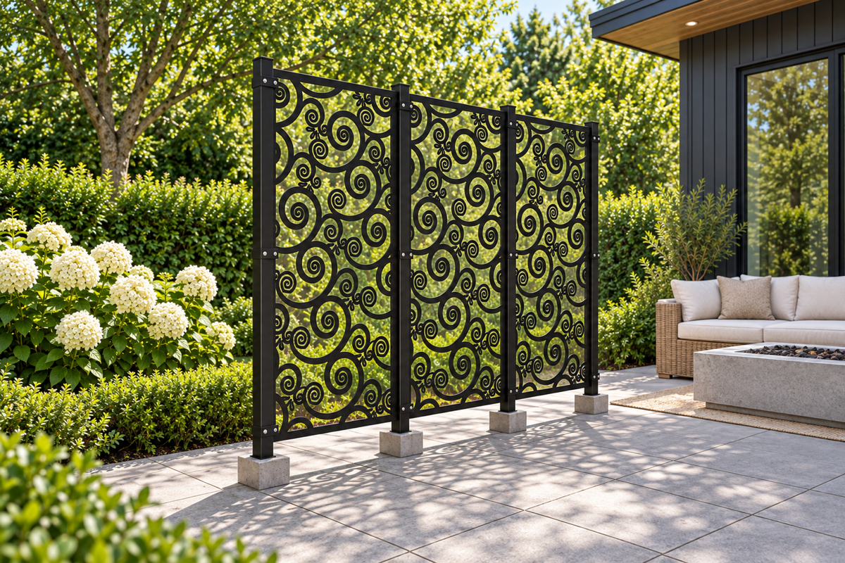 Design 386 Sprouting Spiral Field Laser Cut Metal Privacy Screen Panel installed garden daylight view