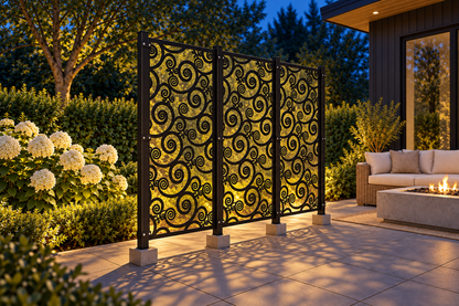 Design 386 Sprouting Spiral Field Laser Cut Metal Privacy Screen Panel installed garden night lighting view