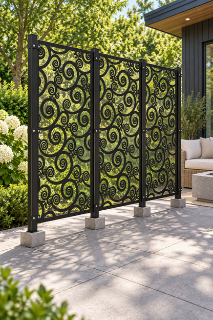 Design 386 Sprouting Spiral Field Laser Cut Metal Privacy Screen Panel oblique angle view